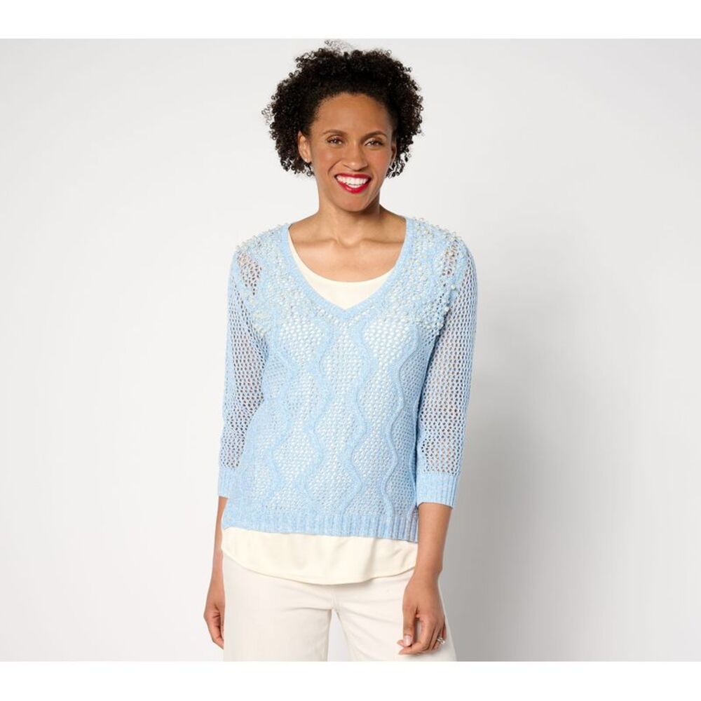 Isaac Mizrahi Live! Women's Top Sweater Sz M Wavy Mesh and Blue A643304
